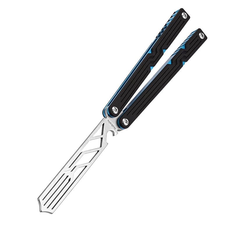 Nabalis Trident Butterfly Knife Balisong Trainer With 7075 Blue Aluminum and Black  G10 Handles